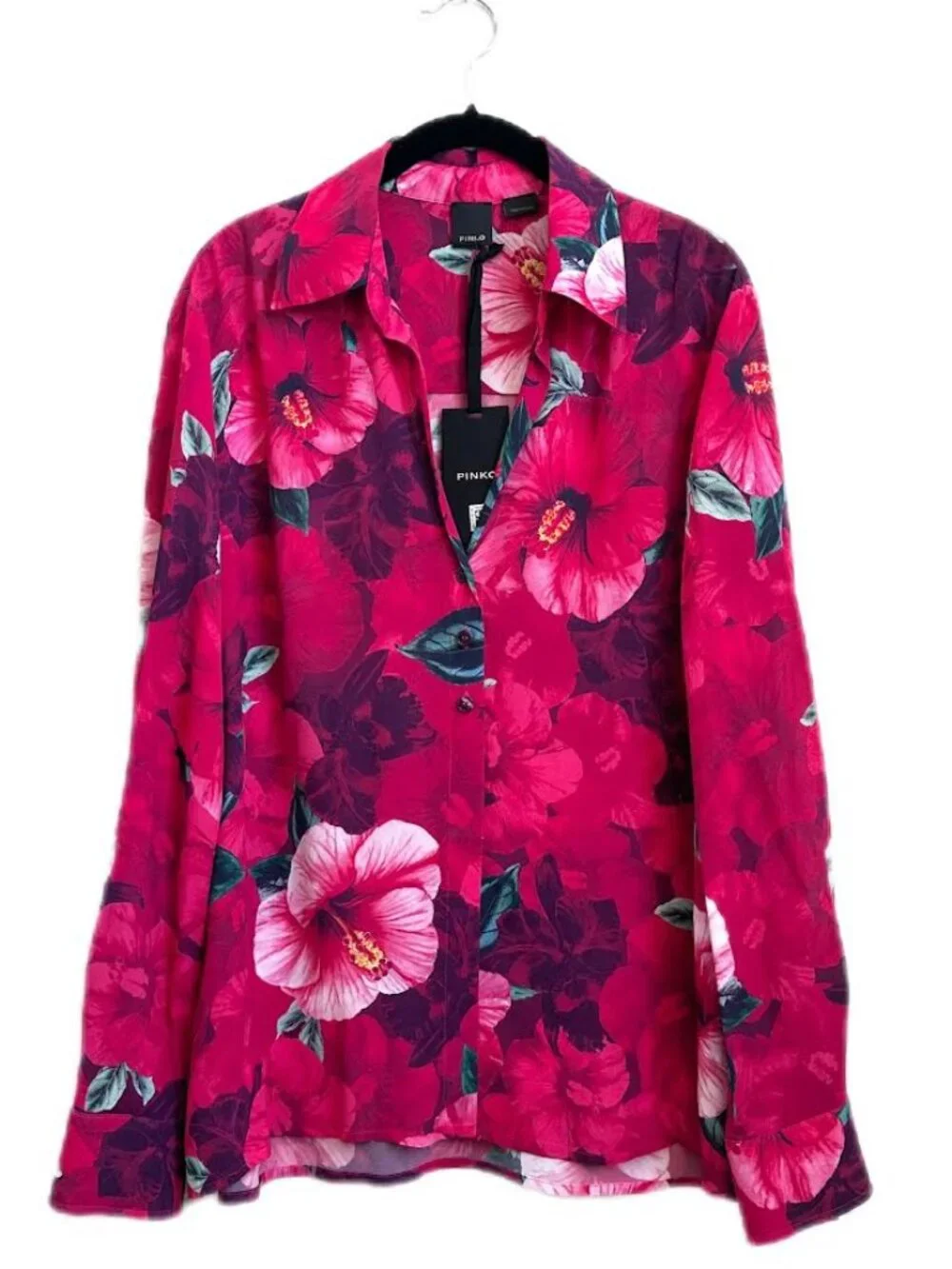 PINKO Happy Hibiscus Floral Shirt Fuchsia Crepe de Chine